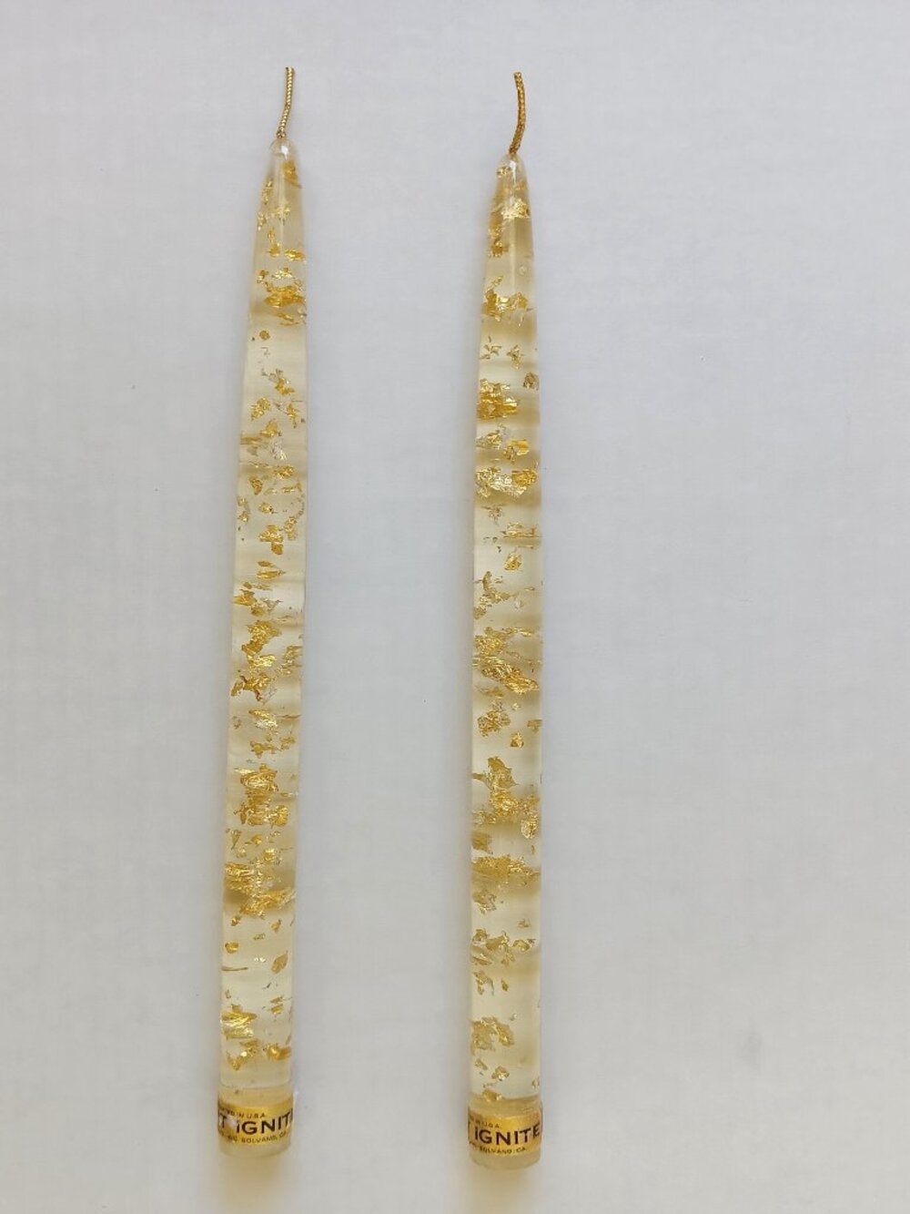 Set of 2 D.H. Lindberg MCM Clear Lucite Acrylic w/ Gold Flakes 10" Taper Candles